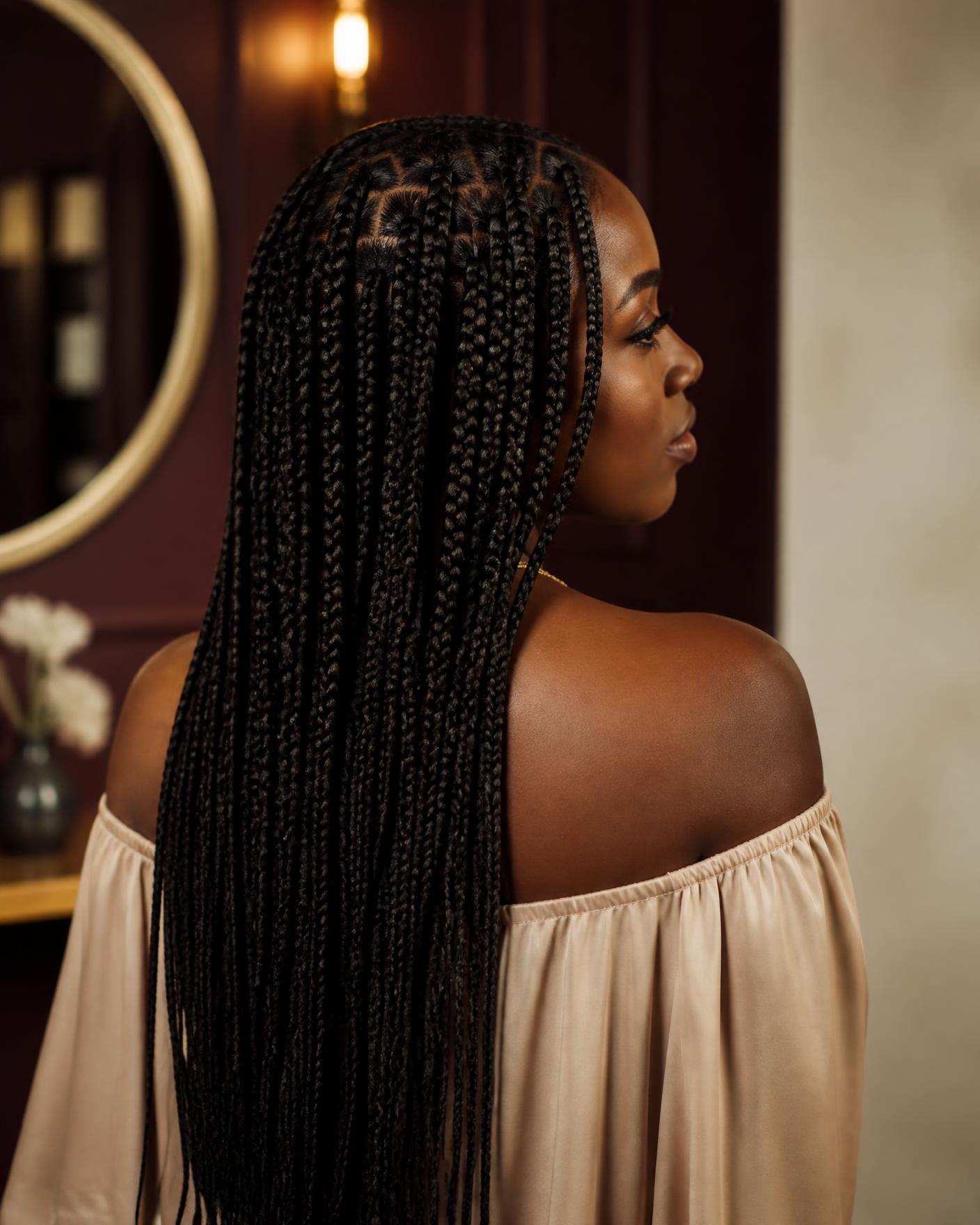 Long knotless braids styled at Irene's Hair Beauty